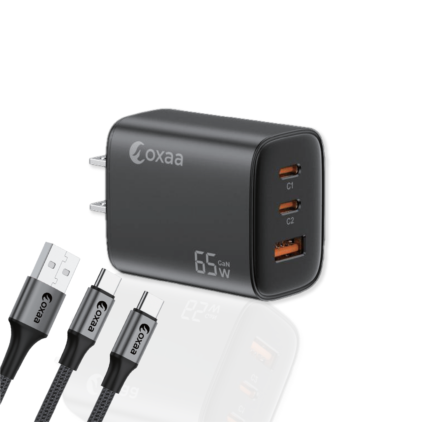65W USB-C Fast Charging Bundle with GaN Charger 2 x USB-C-USB-C & 1 x USB-A-USB-C Premium Cables