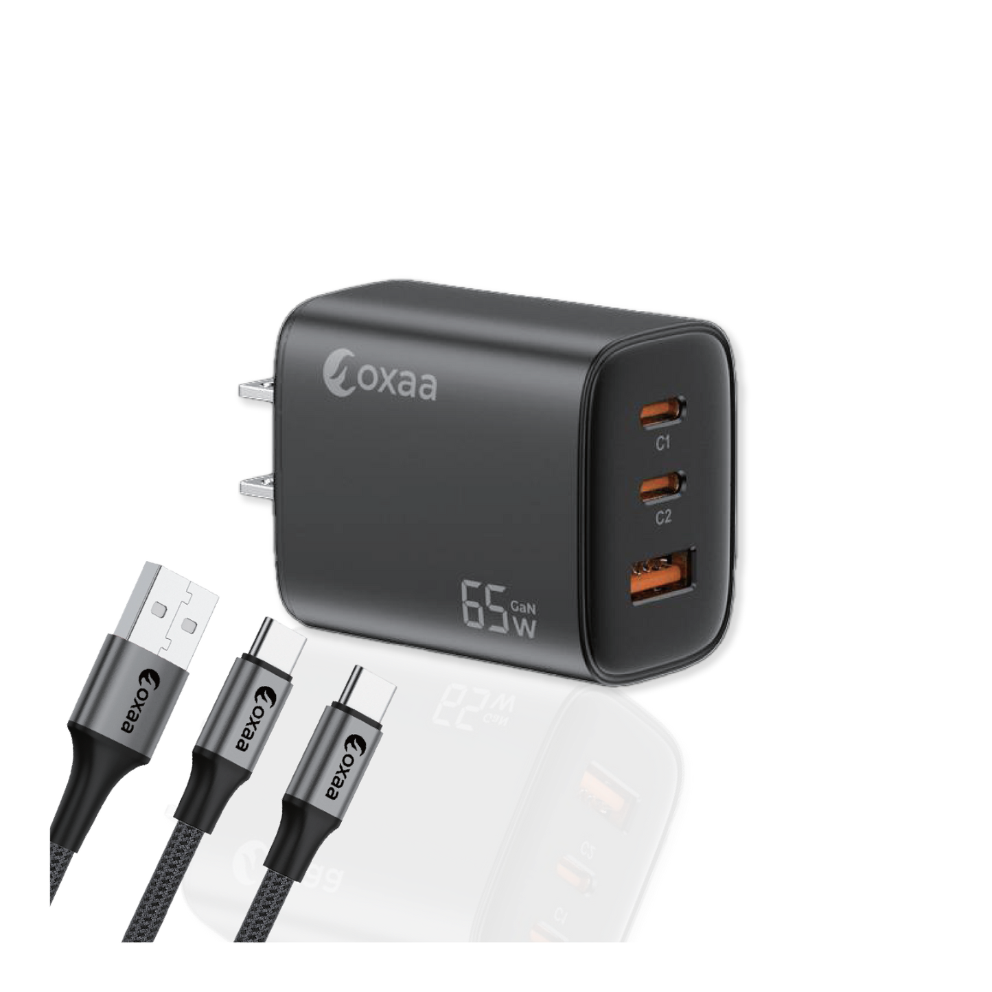 65W USB-C Fast Charging Bundle with GaN Charger 2 x USB-C-USB-C & 1 x USB-A-USB-C Premium Cables