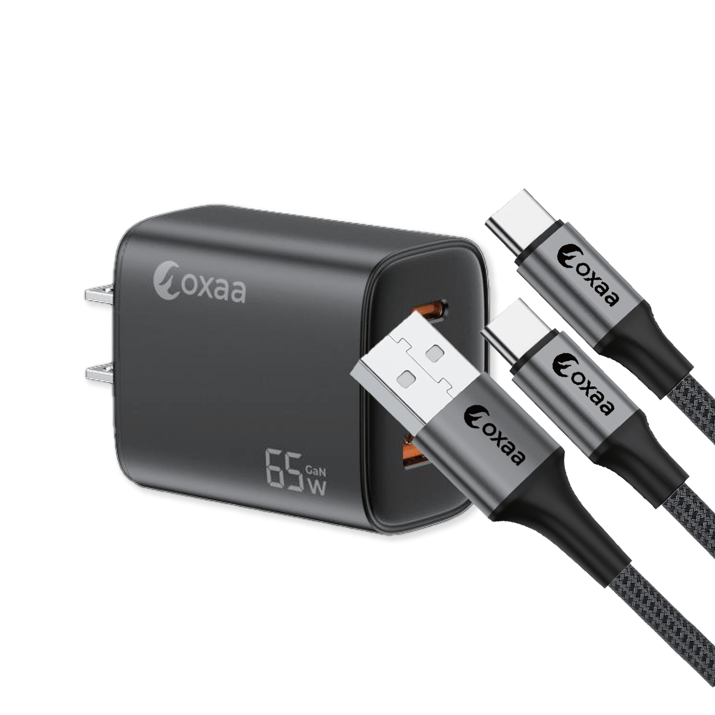 65W USB-C Fast Charging Bundle with GaN Charger 2 x USB-C-USB-C & 1 x USB-A-USB-C Premium Cables