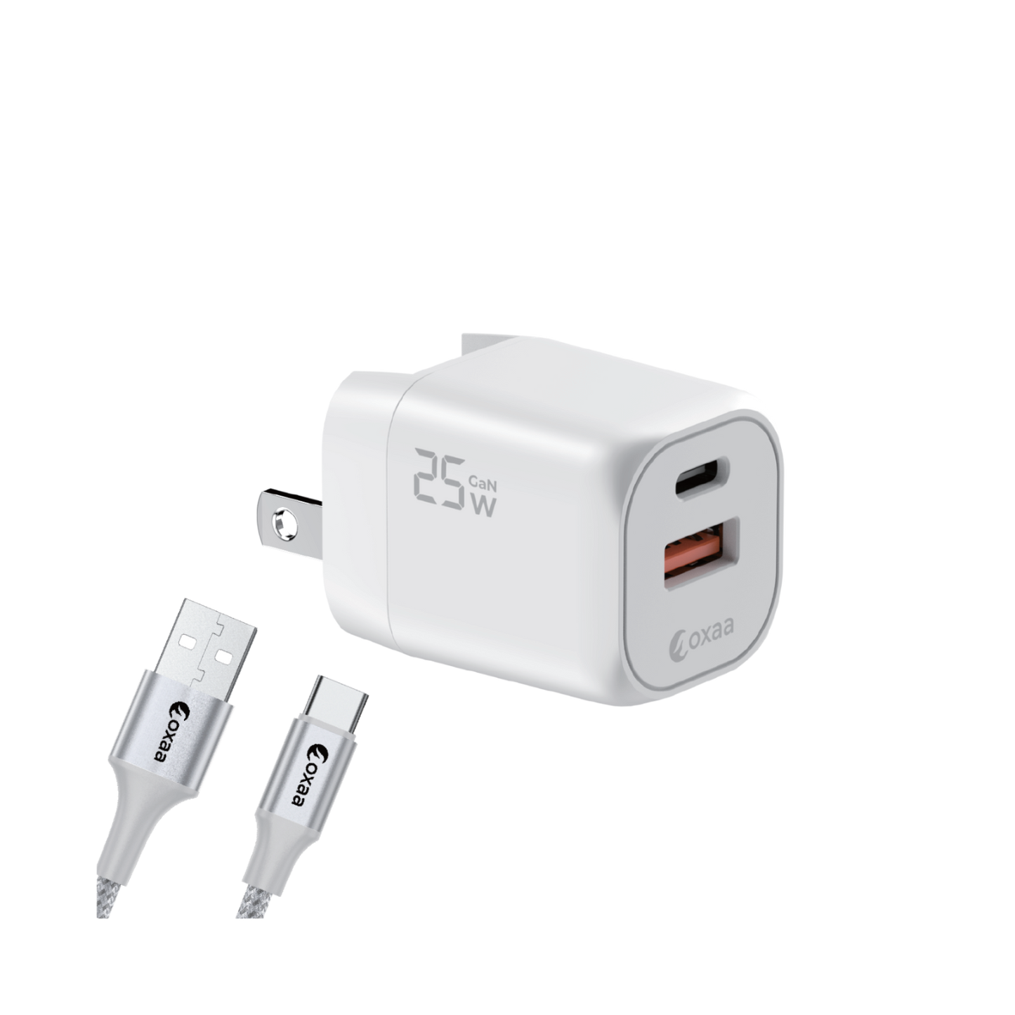 25W Fast Charging Bundle with GaN Charger – USB-C to USB-C & USB-A to USB-C Premium Cables