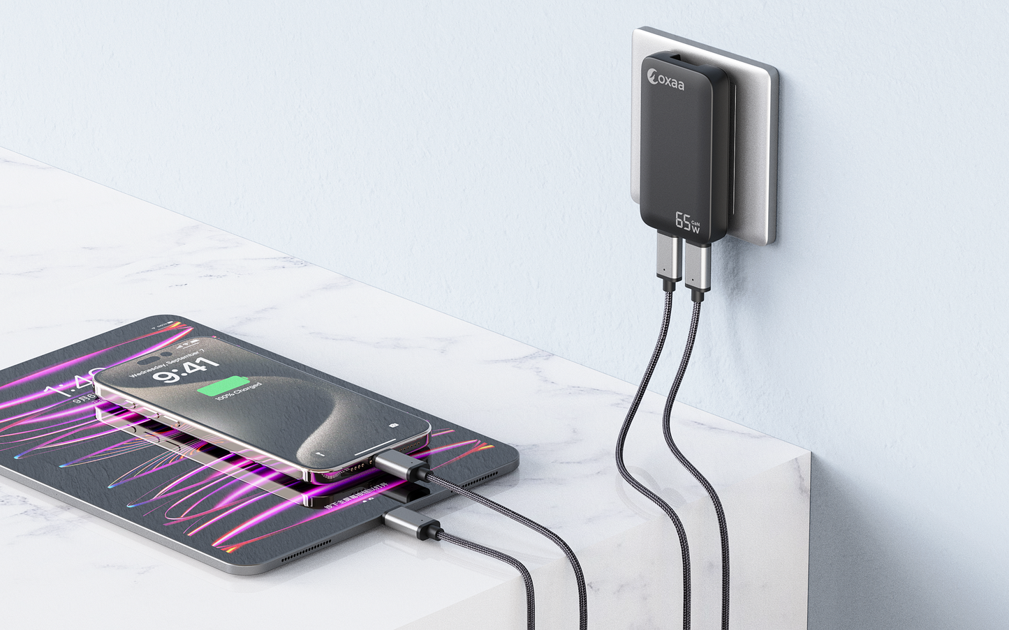 65W USB-C Fast Charging Bundle with Compact GaN Charger & 2 × USB-C to USB-C Premium Cables