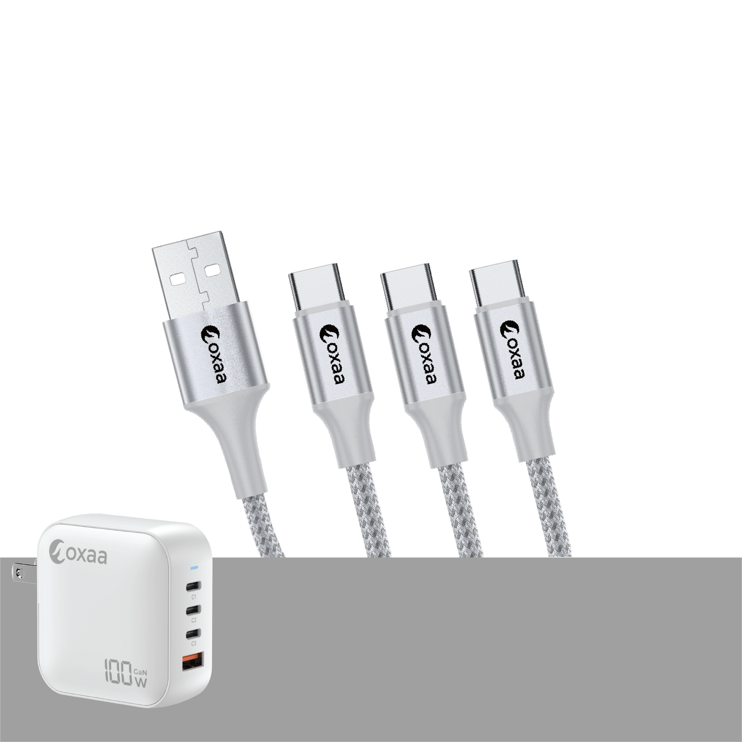 100W USB-C Fast Charging Bundle with Compact GaN Charger 3 × USB-C to USB-C & 1 x USB A to C Premium Cables