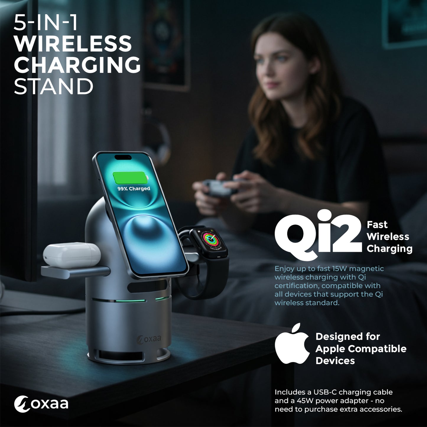Motorized 5-in-1 Wireless Charging Stand with built in Speaker Bundle Designed for Apple Compatible Devices