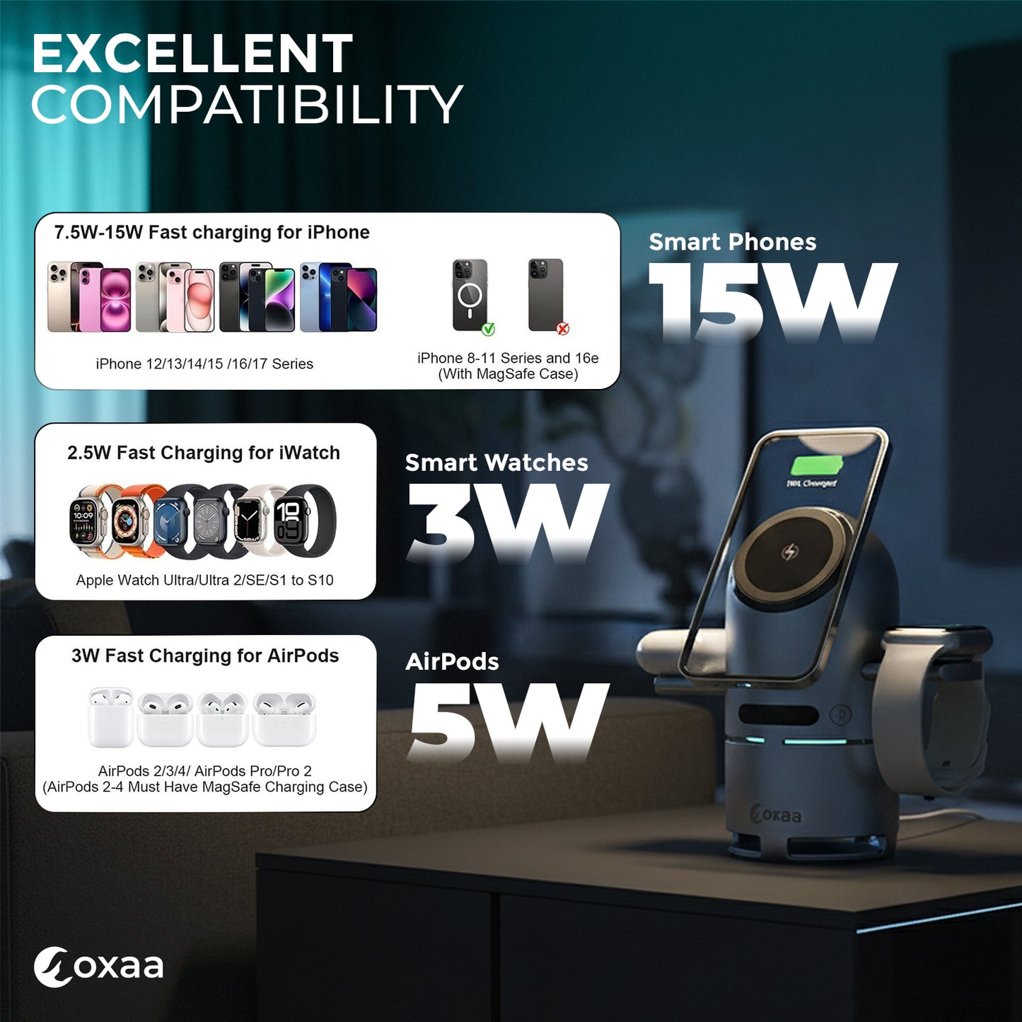 Motorized 5-in-1 Wireless Charging Stand with built in Speaker Bundle Designed for Apple Compatible Devices