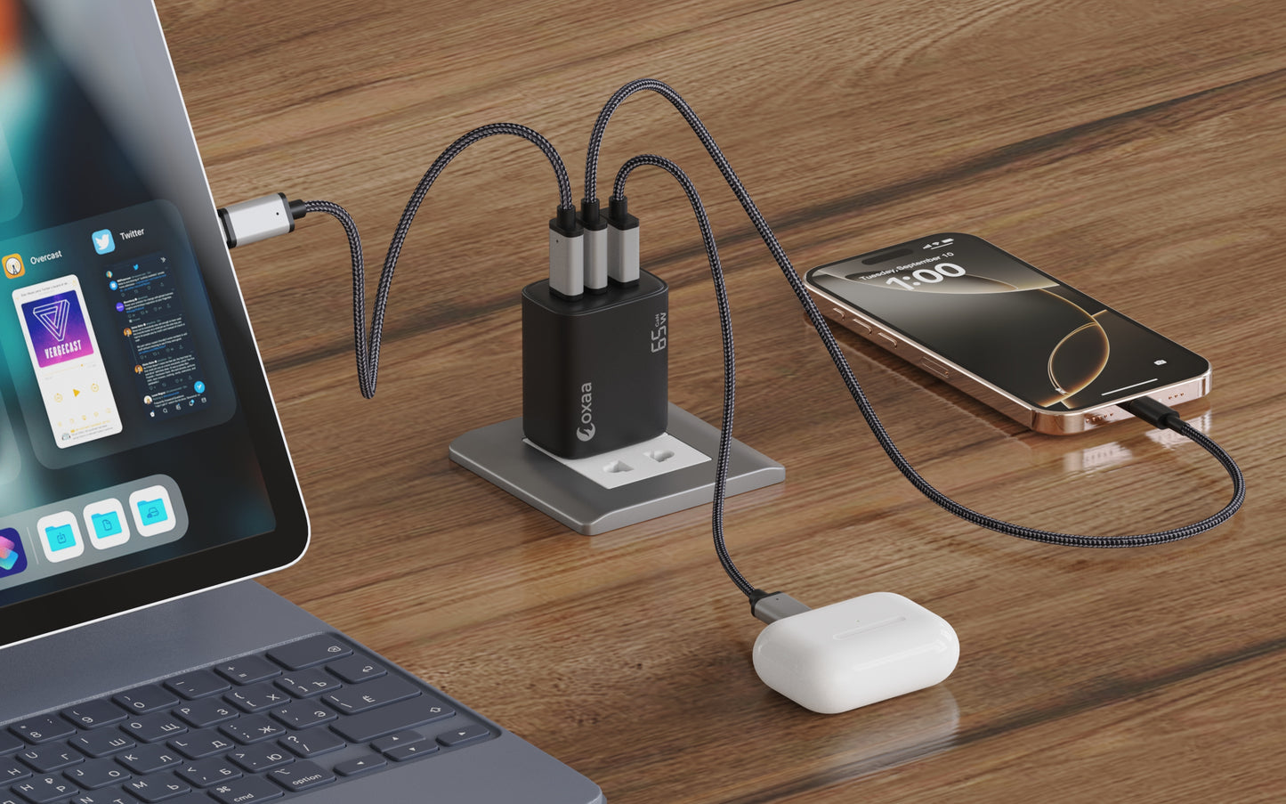 65W USB-C Fast Charging Bundle with GaN Charger 2 x USB-C-USB-C & 1 x USB-A-USB-C Premium Cables