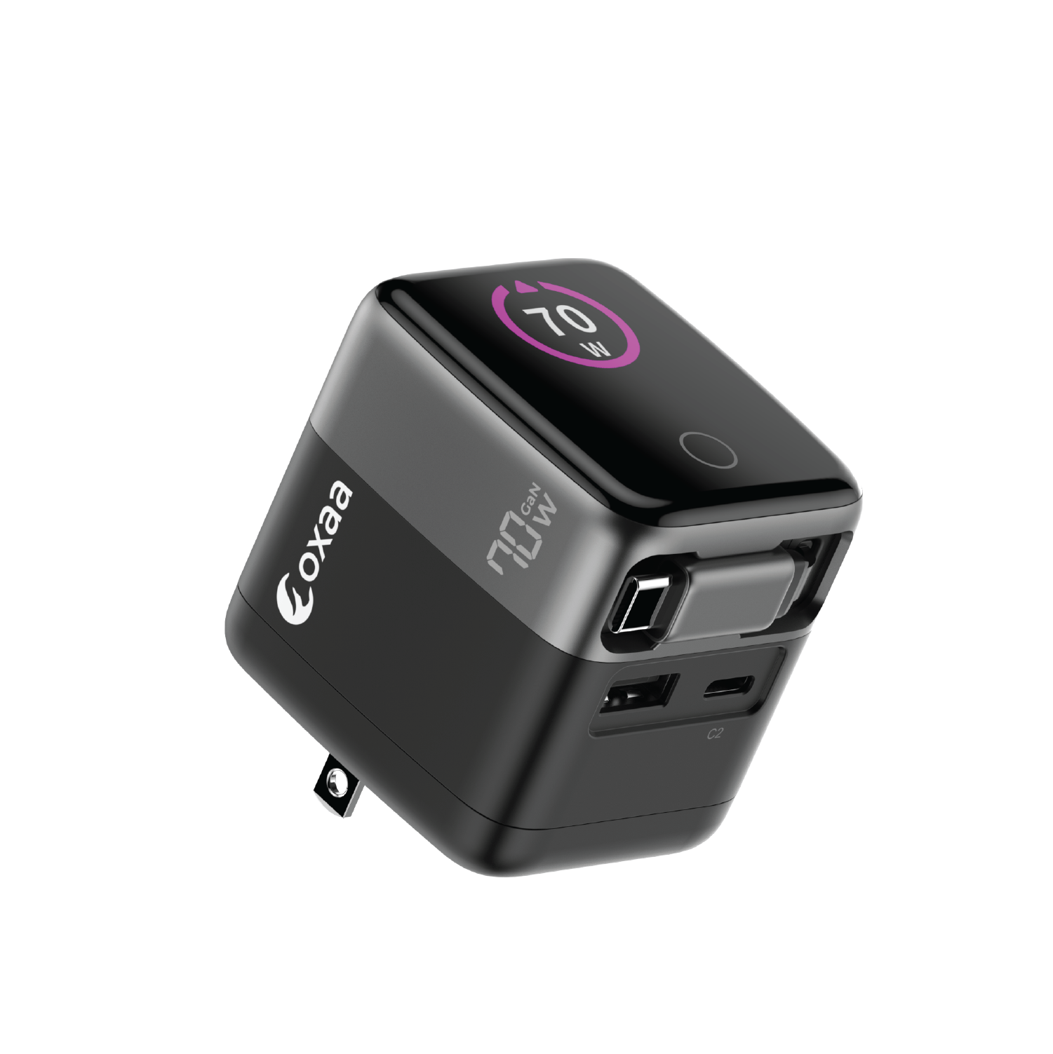 70 GaN 2 Port +1 Retractable Dynamic USB, Wall Charger
