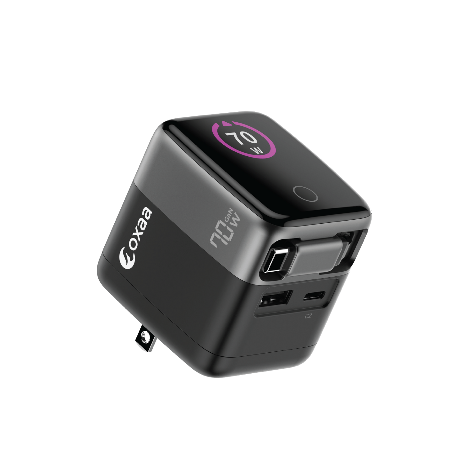 70 GaN 2 Port +1 Retractable Dynamic USB, Wall Charger