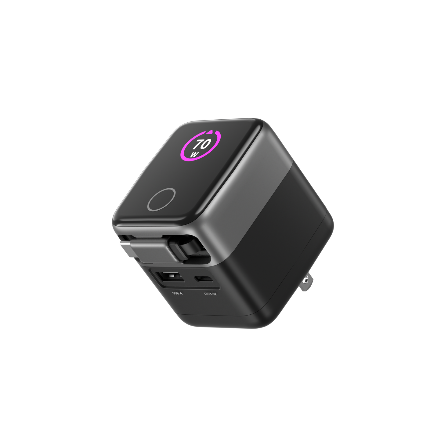 70 GaN 2 Port +1 Retractable Dynamic USB, Wall Charger