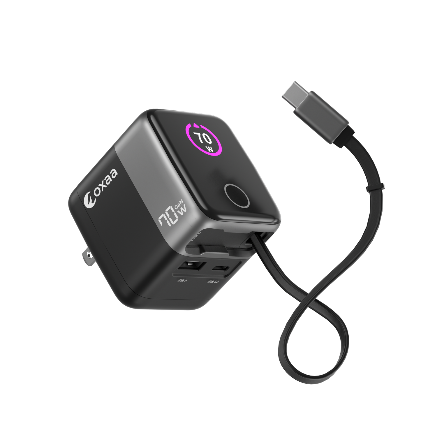 70 GaN 2 Port +1 Retractable Dynamic USB, Wall Charger