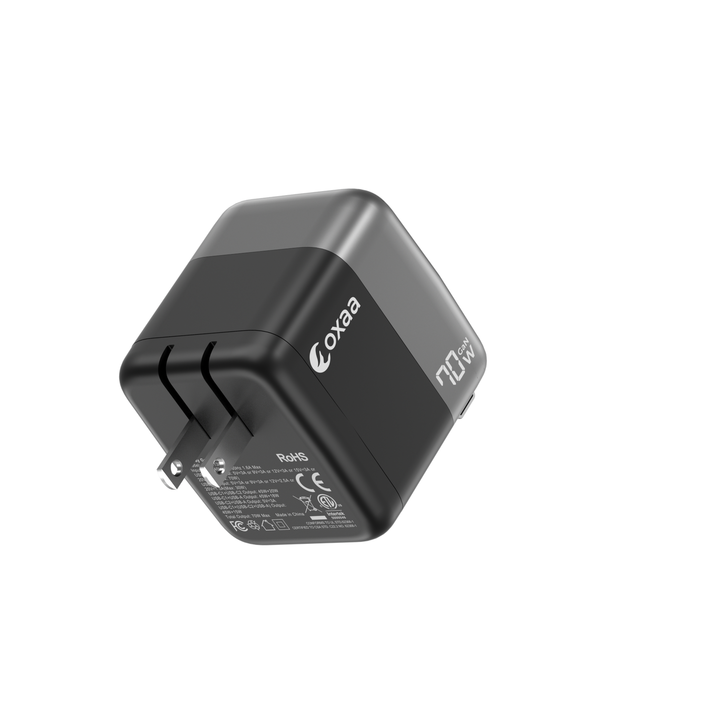 70 GaN 2 Port +1 Retractable Dynamic USB, Wall Charger