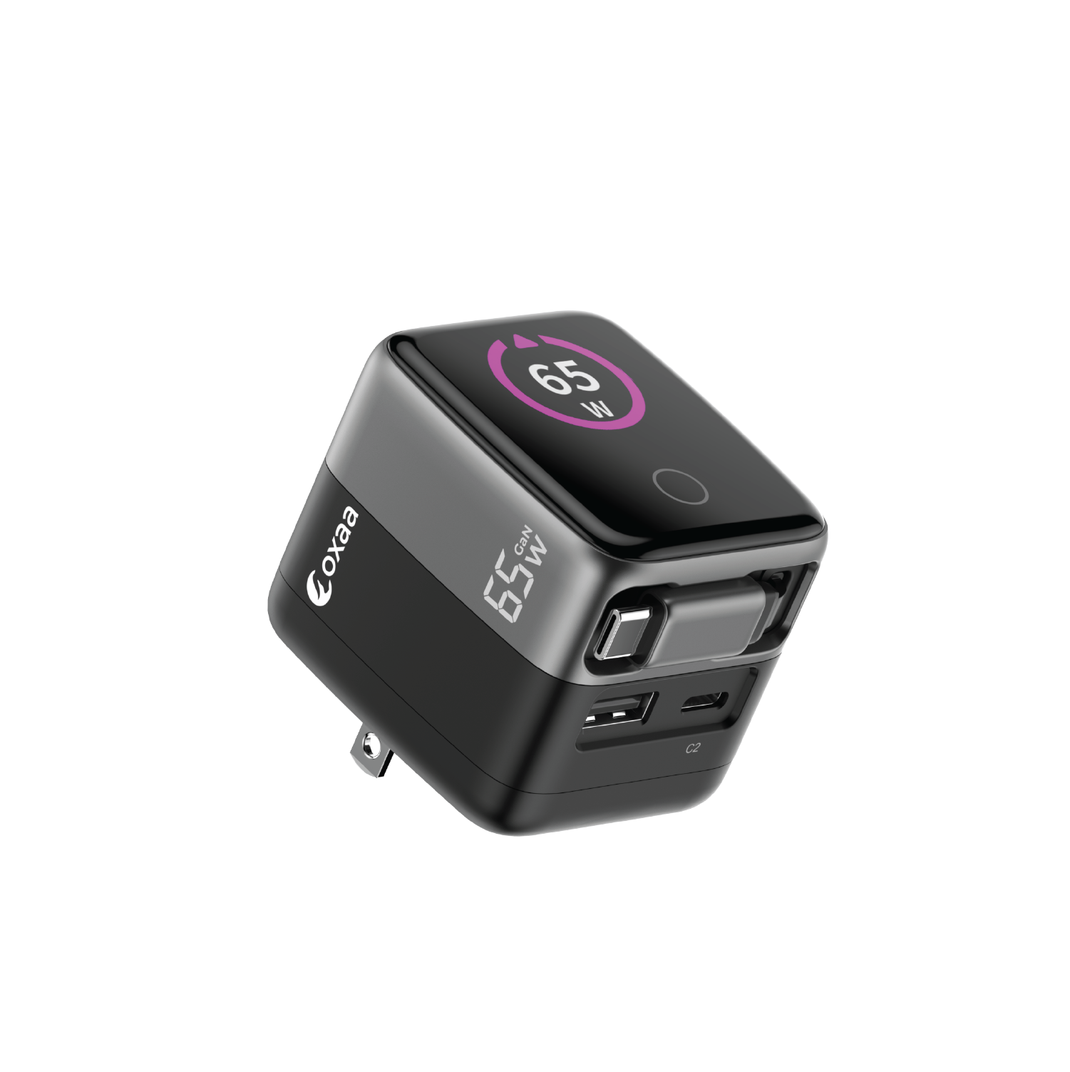 65W GaN 2 Port +1 Retractable Dynamic USB, Wall Charger